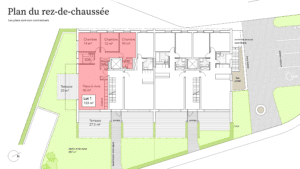 Un plan d'étage d'un bâtiment avec un sol rouge.