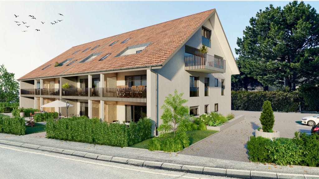 Un rendu 3D d'un immeuble d'appartements.