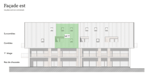 Un plan d'étage d'un bâtiment avec un panneau vert dessus.