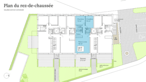 Un plan d'étage d'un bâtiment avec un sol bleu.