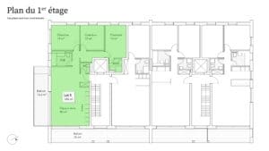 Un plan d'étage pour un appartement avec deux chambres et deux salles de bains.