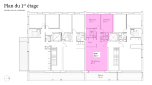 Un plan d'étage d'un appartement avec un sol rose.