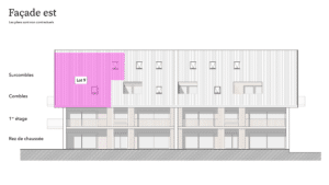Un plan d'étage d'un bâtiment de couleur rose.