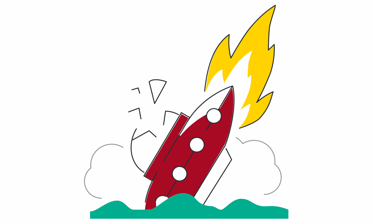 Une caricature d’une fusée avec des flammes qui en sortent.
