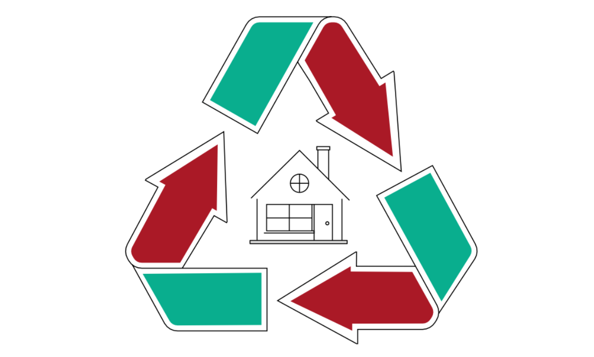 Un symbole de recyclage avec une maison et des flèches.