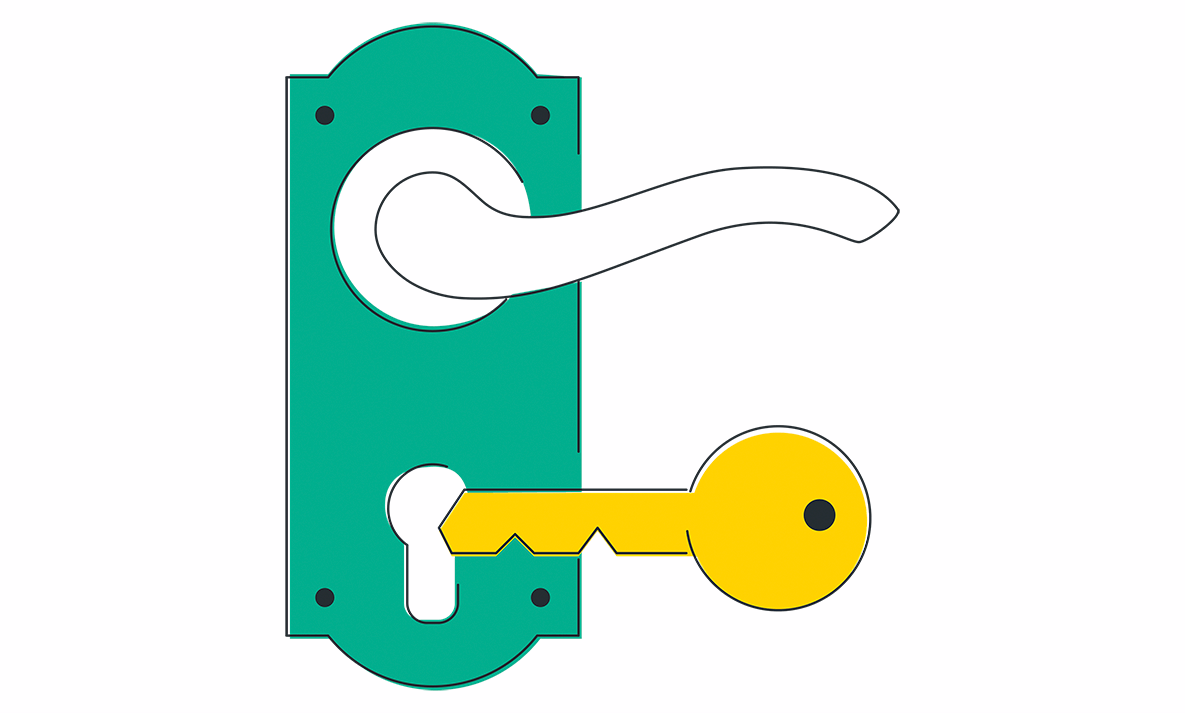 Une poignée de porte verte avec une clé jaune.