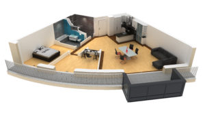 Un rendu 3D d'un petit appartement.