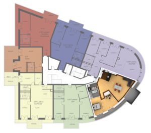 Un plan d'étage d'un appartement avec deux chambres et deux salles de bains.