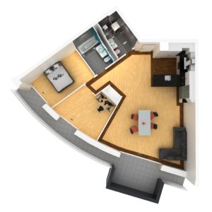 Un plan d'étage d'un appartement de deux chambres.