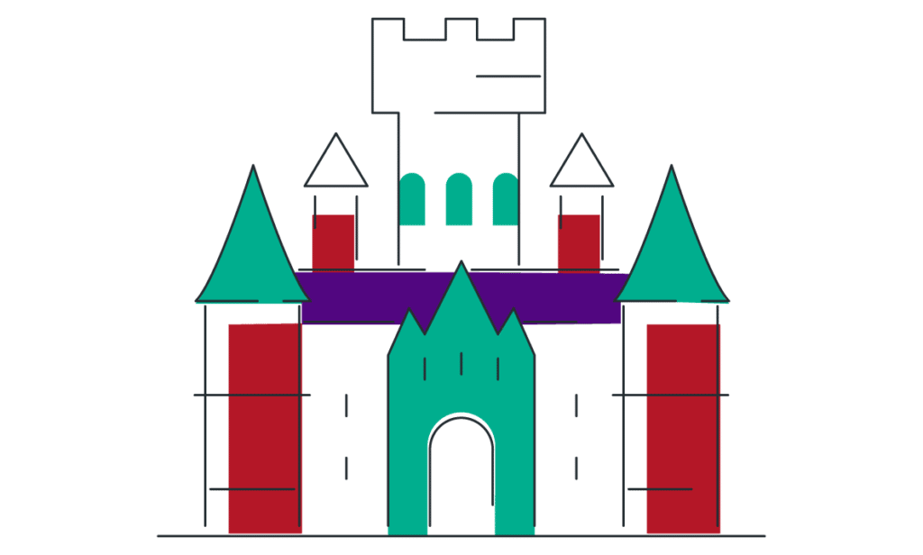 Illustration d'un château avec des tourelles rouges, vertes et bleues.