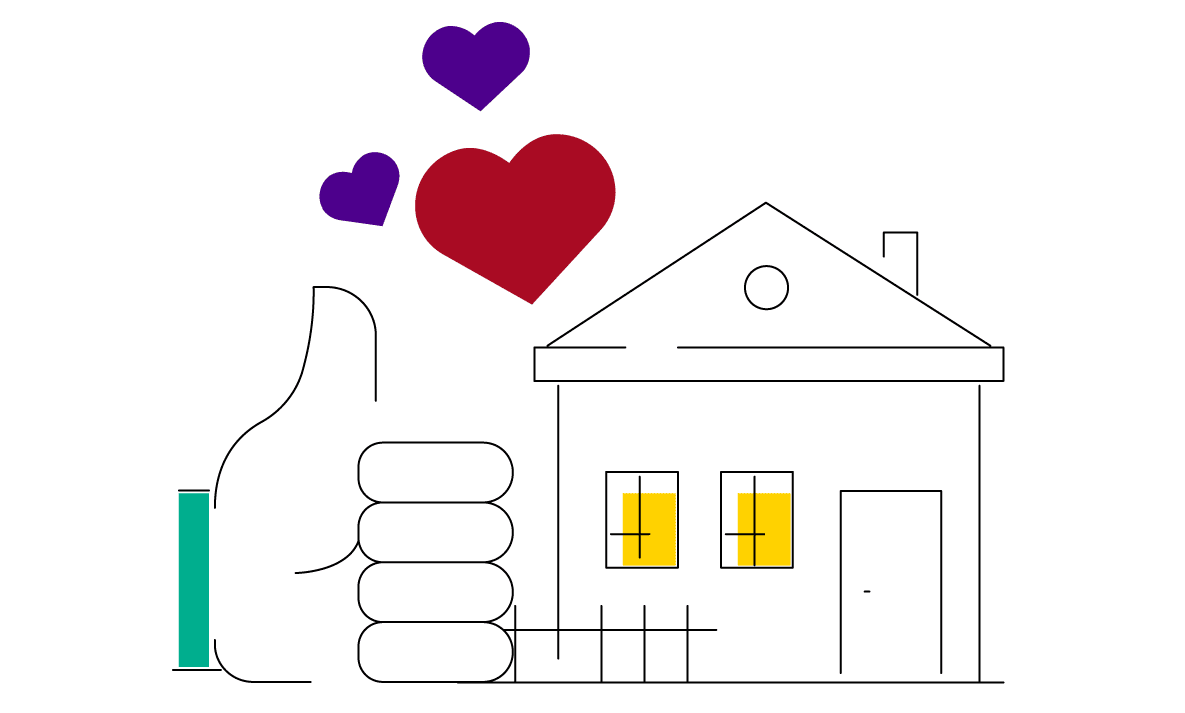 Une main qui salue une maison avec des cœurs.