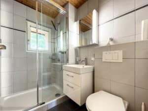 Une salle de bain avec WC, lavabo et douche.