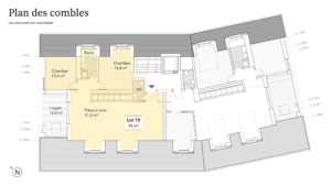 Un plan d'étage pour un appartement avec deux chambres et deux salles de bains.