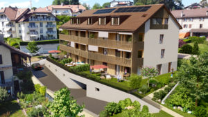 Un rendu 3D d'un immeuble d'appartements dans une ville.