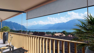 Un balcon avec vue sur les montagnes.