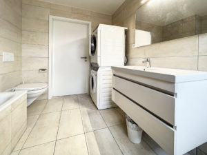 Une salle de bain blanche avec lave-linge et lavabo.