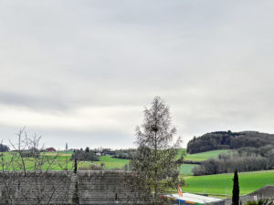 Une vue sur un champ vert avec une maison en arrière-plan.