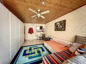 Un salon avec un ventilateur de plafond et un tapis.