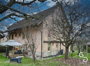 Une maison avec un arbre devant.
