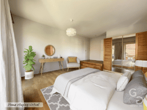 Un rendu 3D d'une chambre avec un lit et une commode.