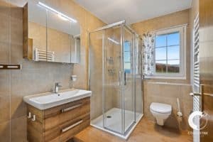 Une salle de bain avec WC, lavabo et douche.