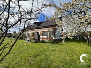 Une maison de plain-pied entourée d'une verdure luxuriante et d'arbres fruitiers en fleurs sous un ciel bleu clair.