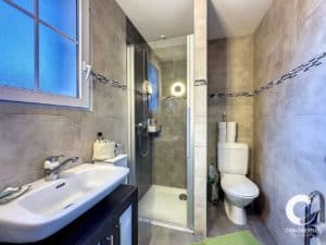 Une salle de bain avec lavabo, WC et douche.