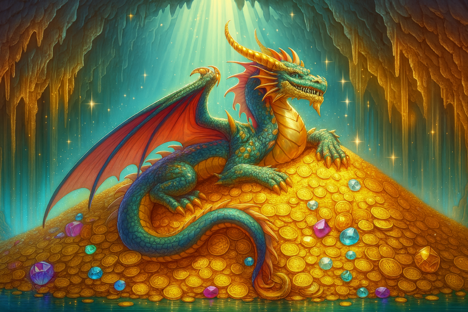 Un dragon assis sur un tas de pièces d’or dans une grotte.