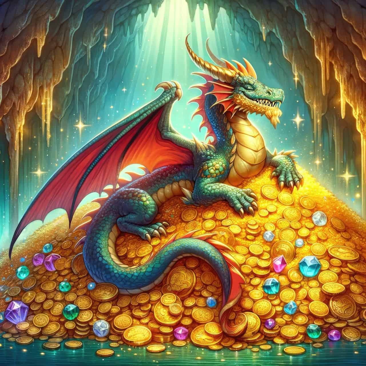 Un dragon assis sur un tas de pièces d’or dans une grotte.