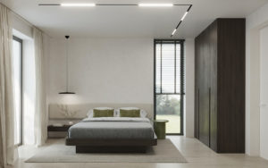 Une chambre moderne avec un lit et un placard.