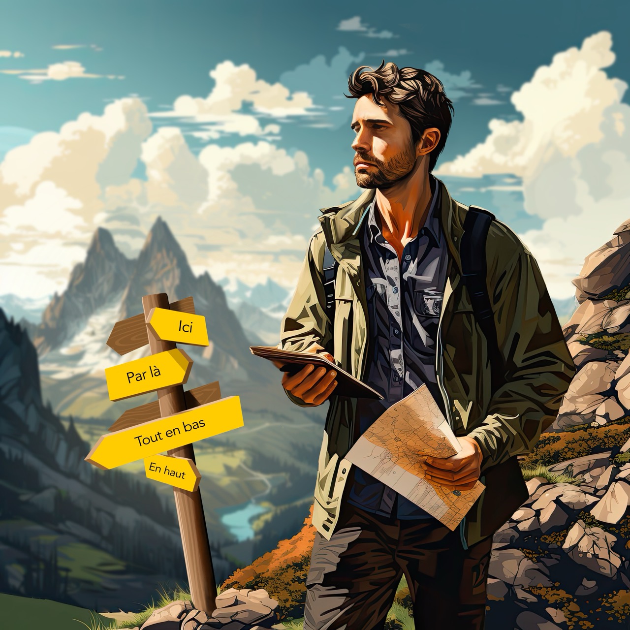 Un homme tenant une carte dans les montagnes.