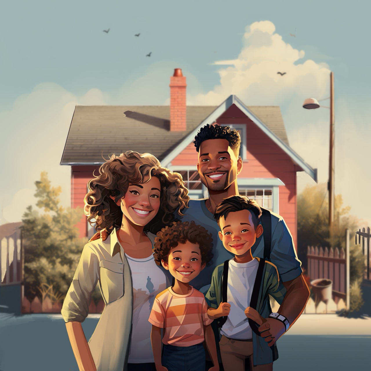 Illustration d’une famille debout devant une maison.