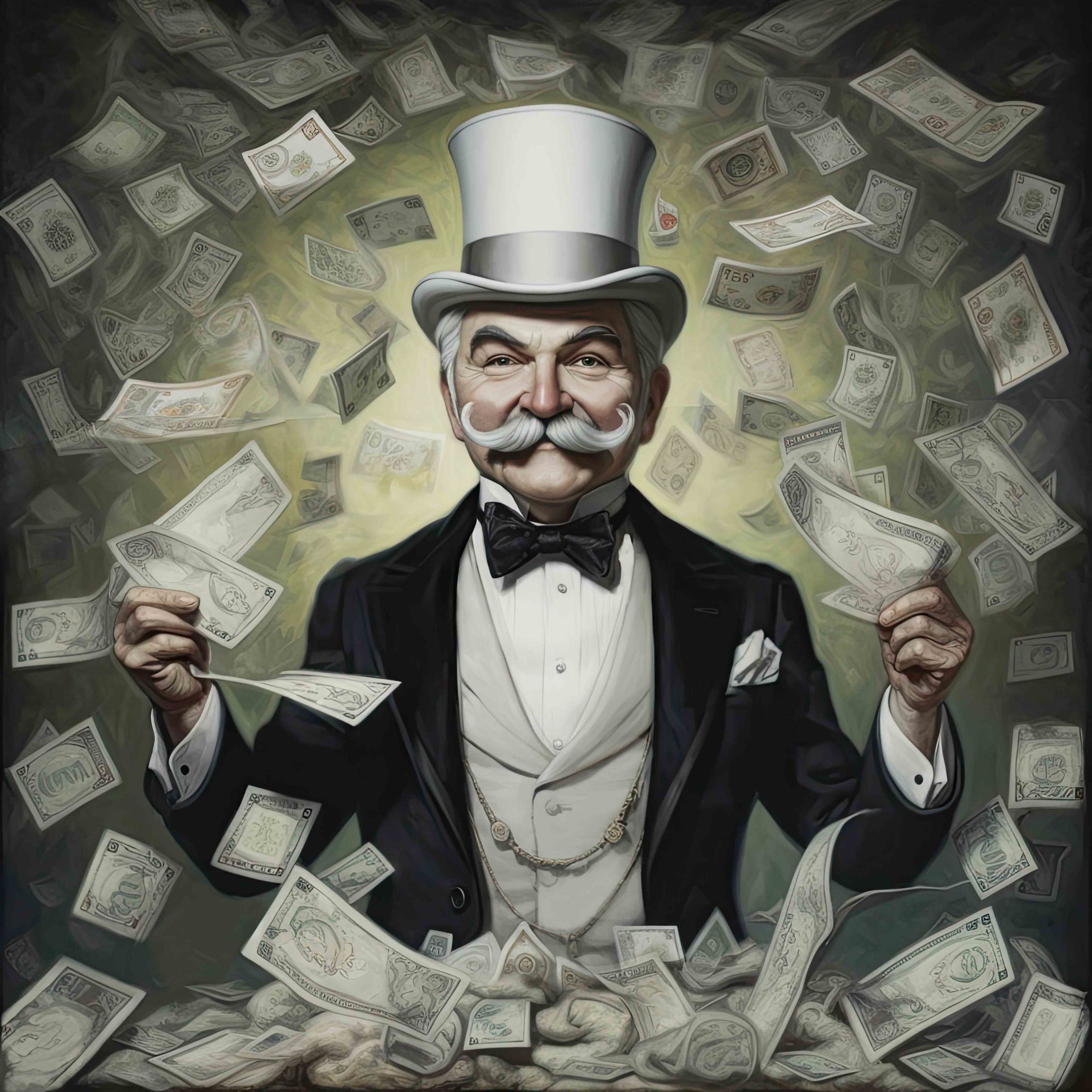 Un homme en chapeau haut de forme et en smoking est entouré d'argent.