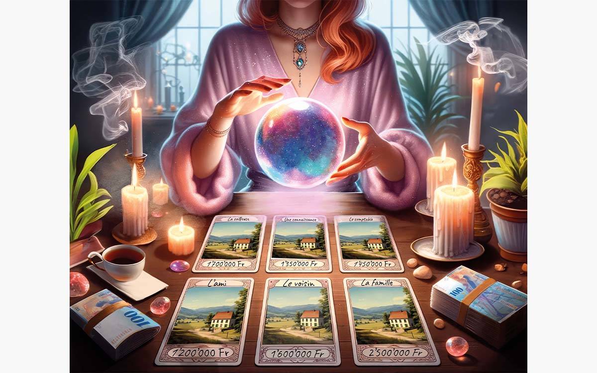Une personne effectuant une lecture de tarot avec des bougies et une boule de cristal sur une table entourée d'objets mystiques.