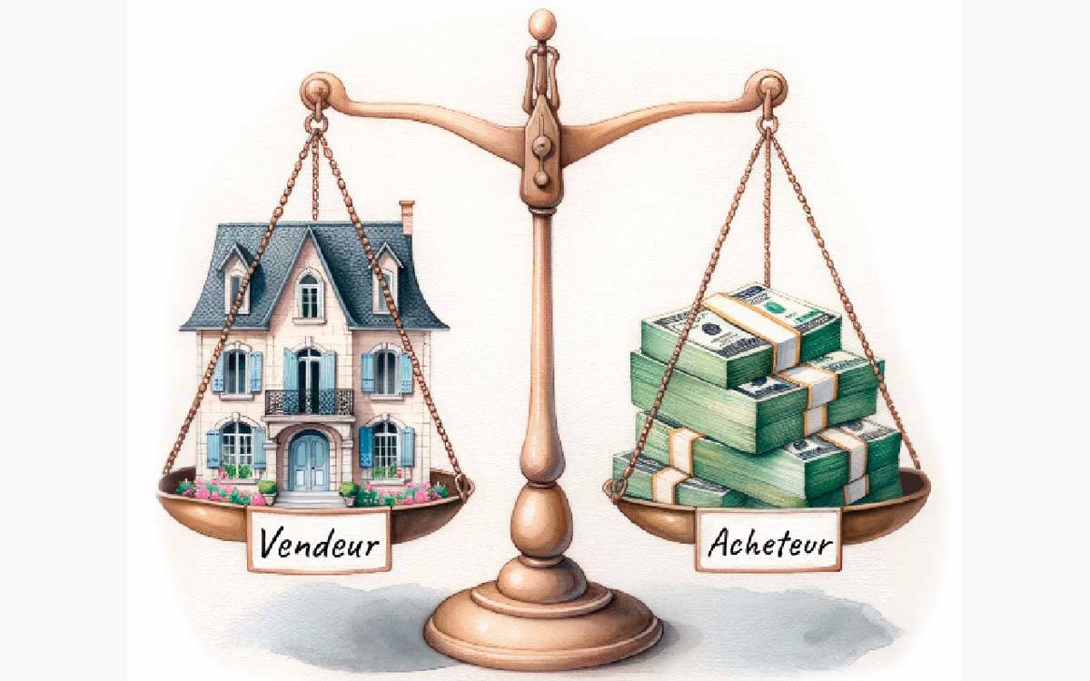Une balance comparant une maison d'un côté à des piles d'argent de l'autre, étiquetées respectivement « vendeur » et « acheteur ».