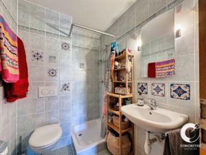 Une petite salle de bain carrelée avec douche, toilettes, lavabo et diverses serviettes et articles de toilette.