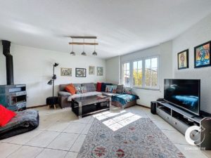 Un salon lumineux et confortable avec un poêle à bois, un mobilier éclectique et des accents colorés.