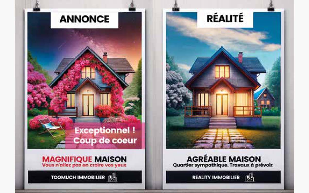 Deux annonces immobilières opposant une représentation embellie d'un bien ("annonce") à une représentation plus réaliste ("réalité").
