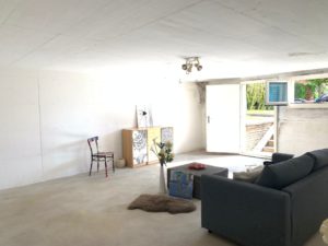 Pièce au sous-sol inachevée avec un canapé gris, des œuvres d'art dispersées et un petit tapis en fourrure. la lumière naturelle entre par une grande porte ouverte.