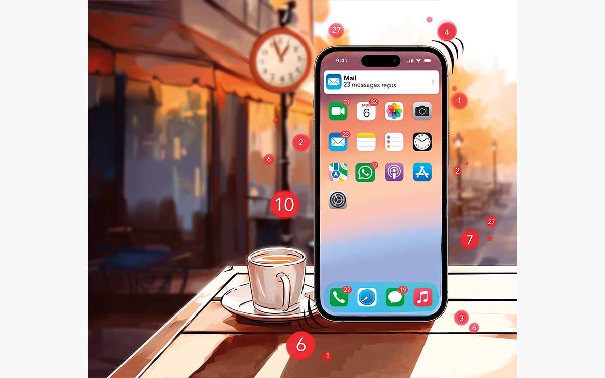 Smartphone affichant des notifications à côté d’une tasse de café sur une terrasse de café.