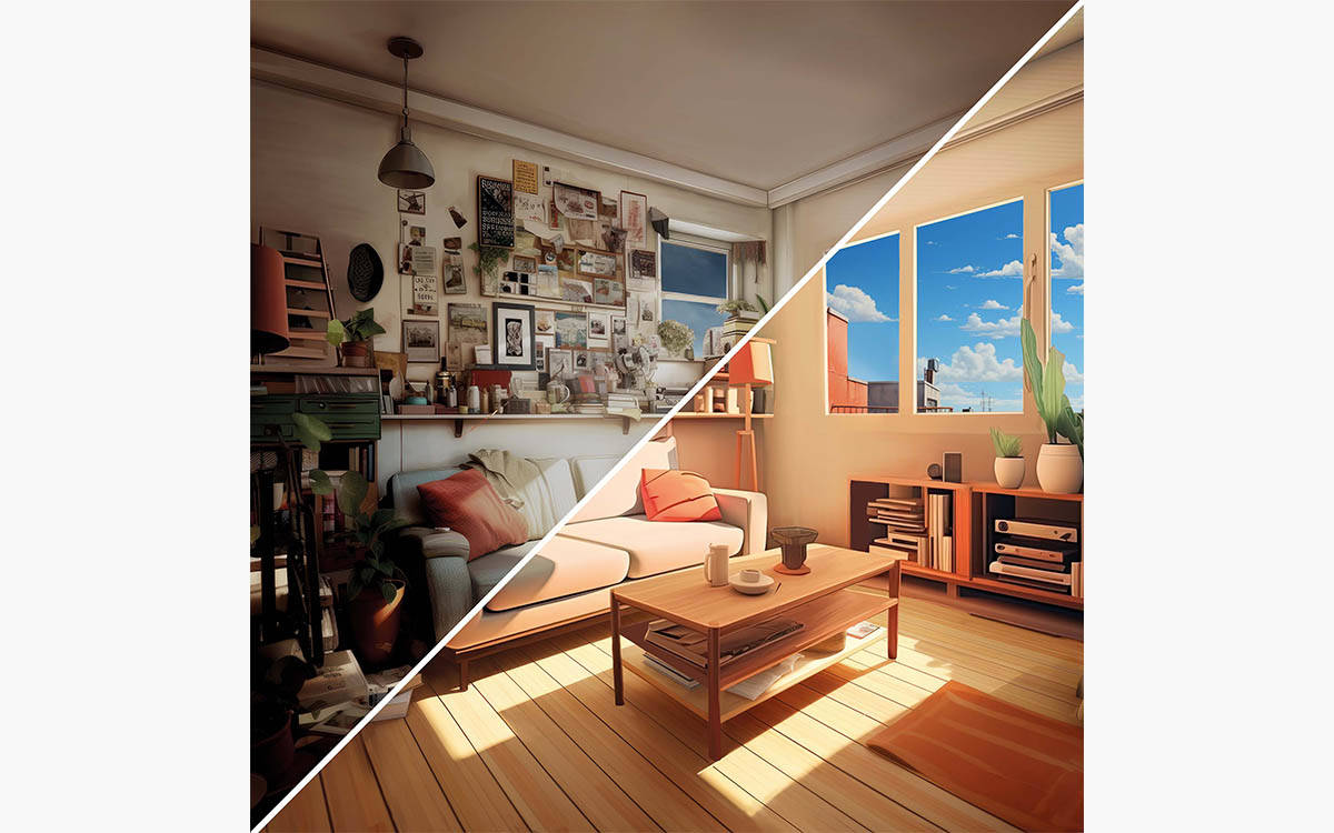 Une illustration en vue partagée de deux conceptions de salon différentes, l'une cosy avec une décoration abondante et l'autre moderne et minimaliste, toutes deux baignées de lumière naturelle.