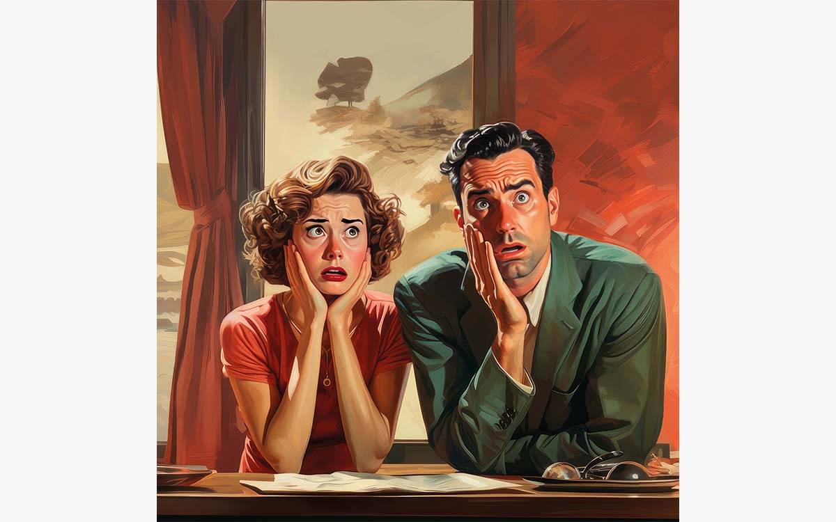 Un homme et une femme semblent surpris ou inquiets dans une illustration stylisée avec une palette de couleurs chaudes.