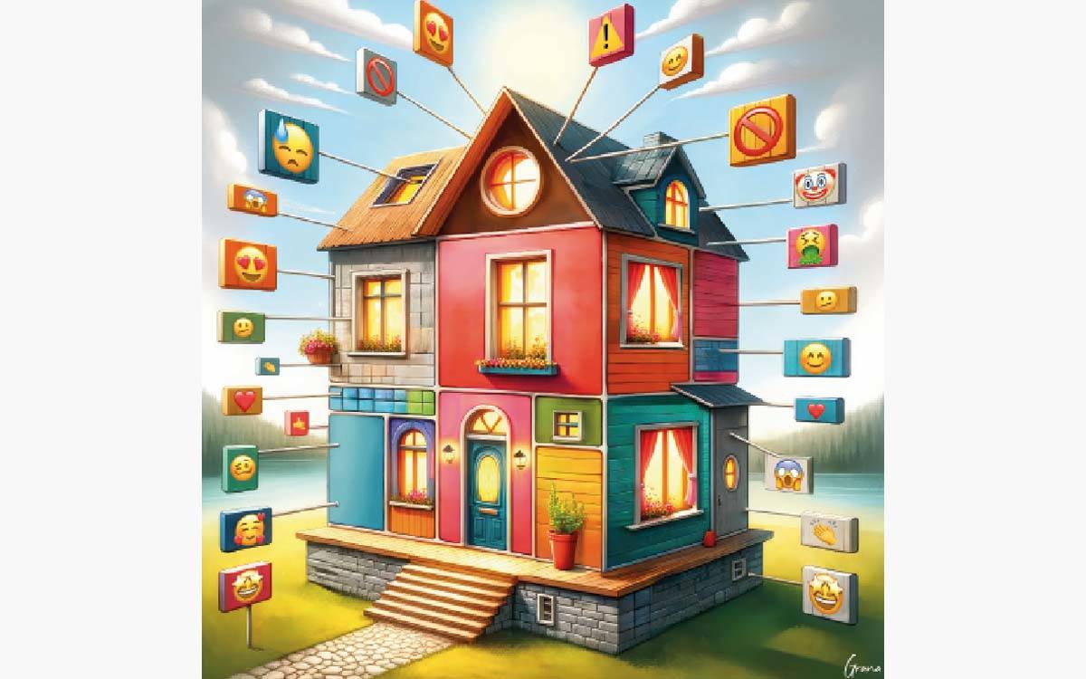 Illustration colorée d'une maison stylisée avec diverses icônes de médias sociaux flottant autour d'elle.
