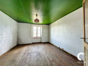 Pièce vide avec un plafond vert, des murs nus et du parquet.