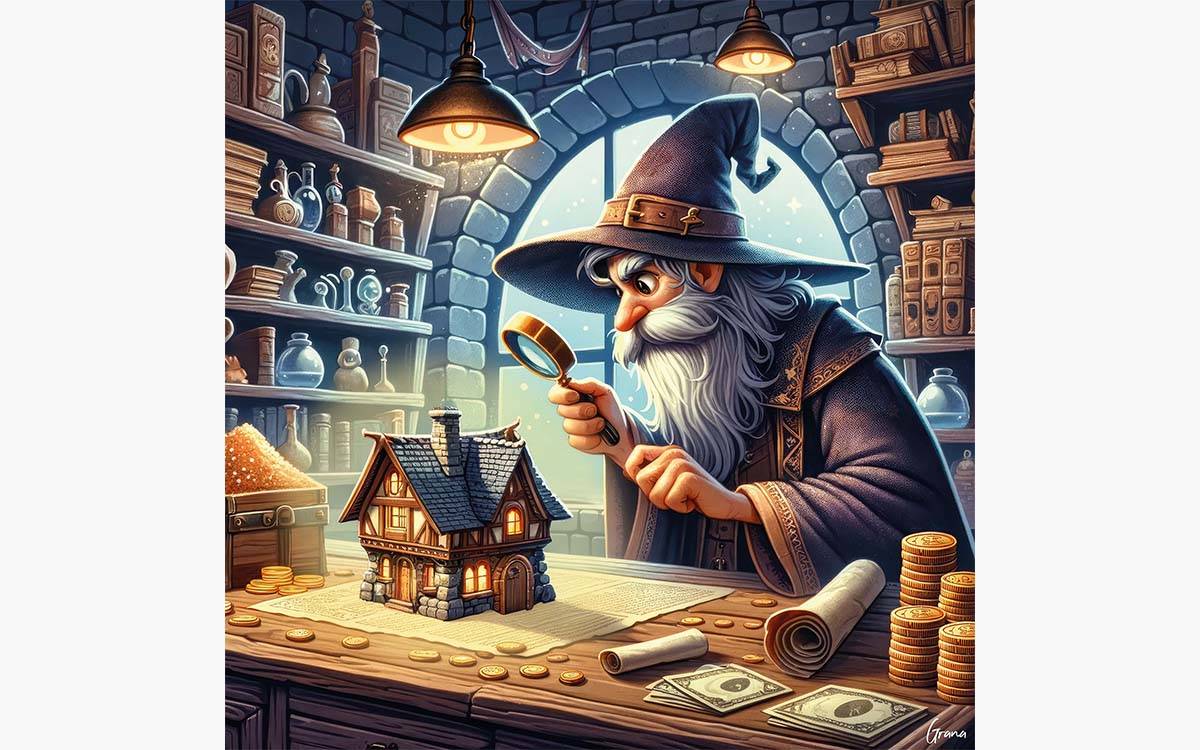 Un sorcier examinant une maison miniature avec une loupe dans un bureau magique rempli de parchemins, de pièces de monnaie et de bouteilles de potions.