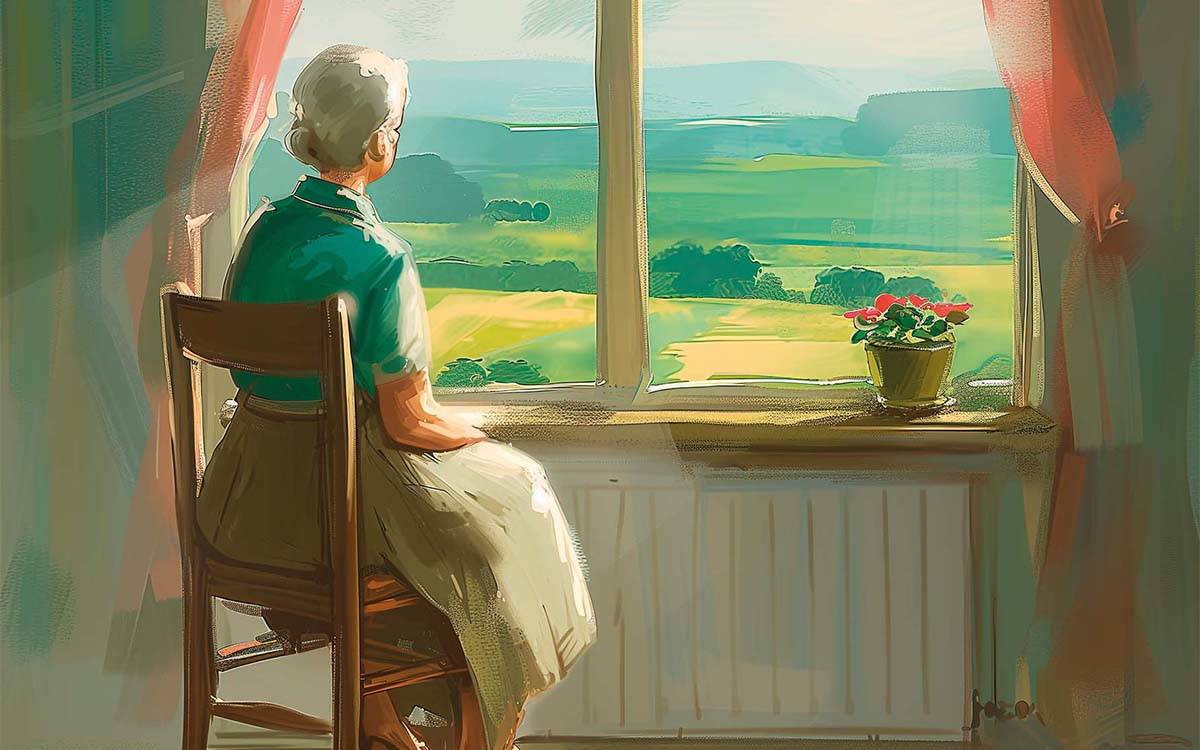 Femme âgée assise paisiblement près d'une fenêtre ensoleillée donnant sur un paysage pittoresque.