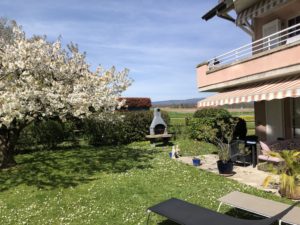 Une cour ensoleillée avec un arbre en fleurs, un barbecue et une maison avec un auvent rayé.