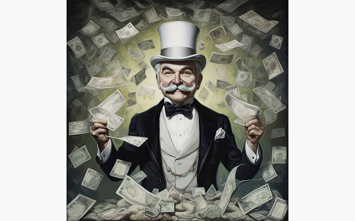 Illustration du personnage de l'homme monopolistique entouré d'argent volant.