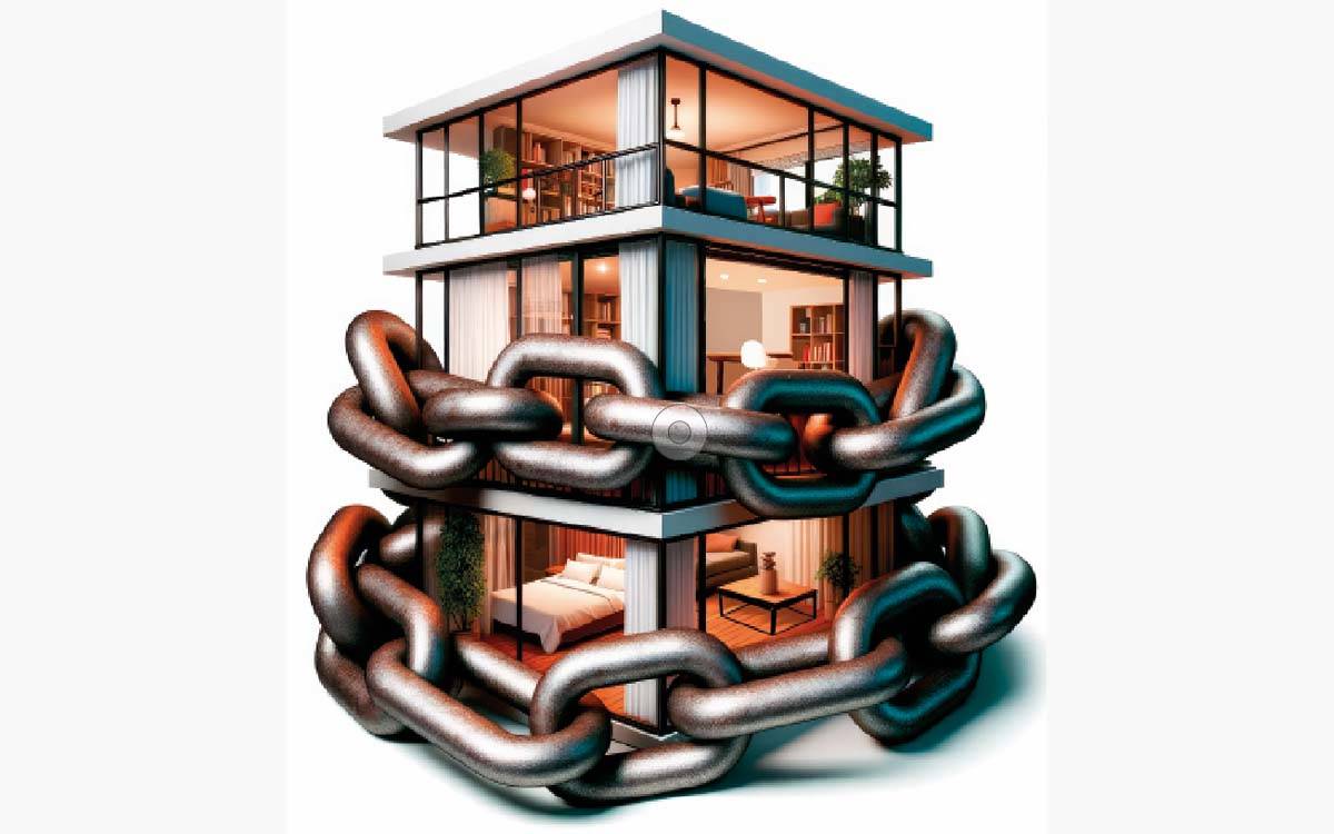 Illustration d’une maison étroitement enveloppée de lourdes chaînes, symbolisant la sécurité ou le confinement.