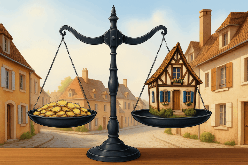 Balance avec maison et pièces sur plateaux